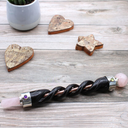 Spiral Carving Healing Wand - Copper Pipe Rose Quartz - Image 3